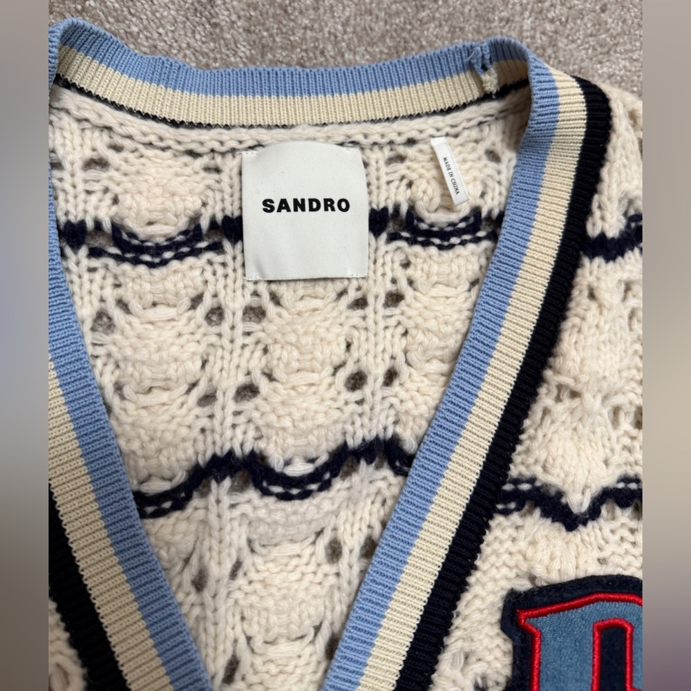 Sandro - Ludvik Cream Crochet Cardigan Sweater w Logo Patch Pocket - size Small - Picture 5 of 14